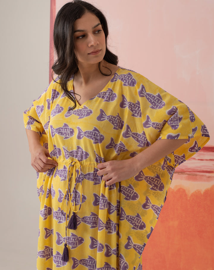 O'Fish Hand Block Printed Cotton Kaftan - Full Length