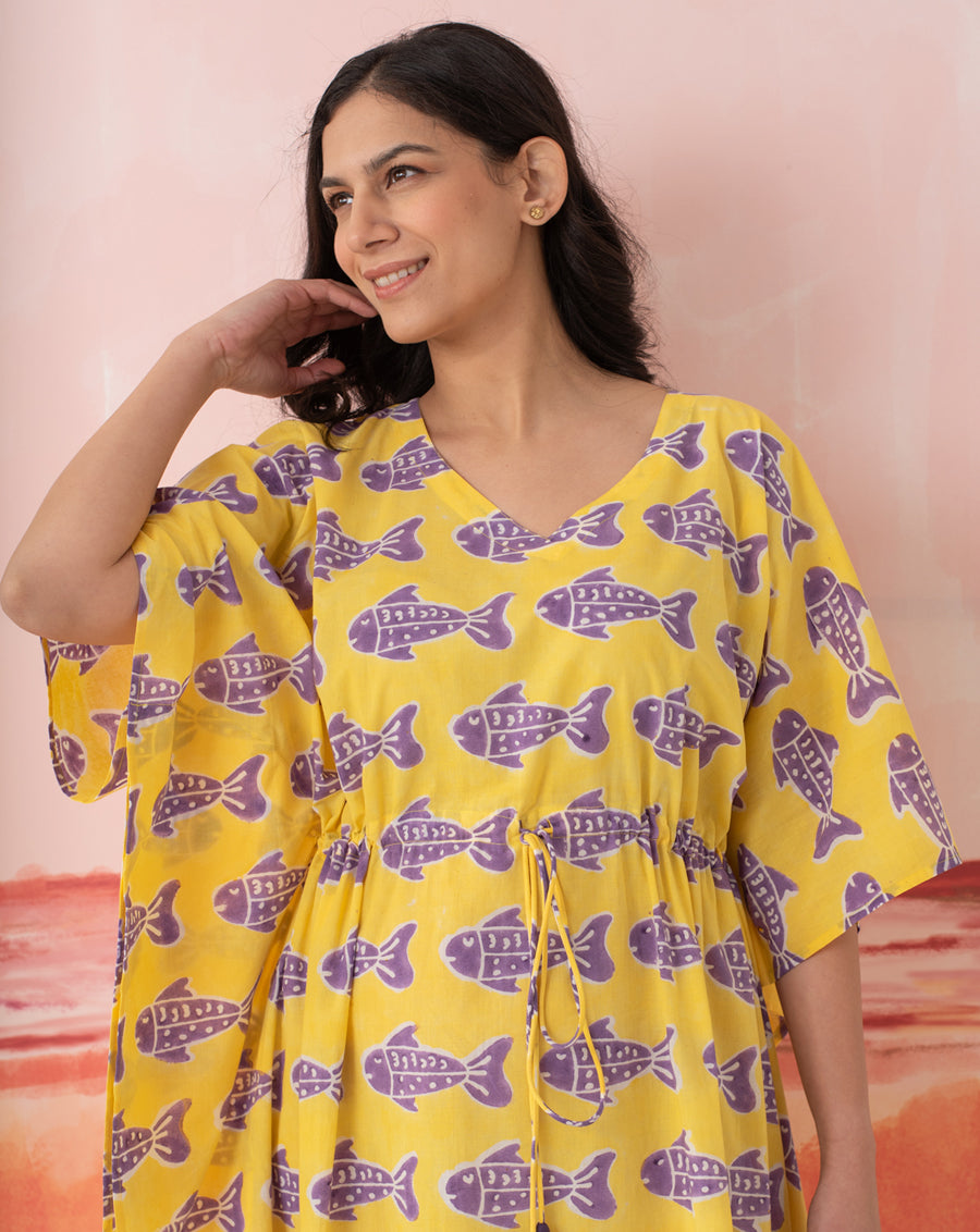 O'Fish Hand Block Printed Cotton Midi Kaftan
