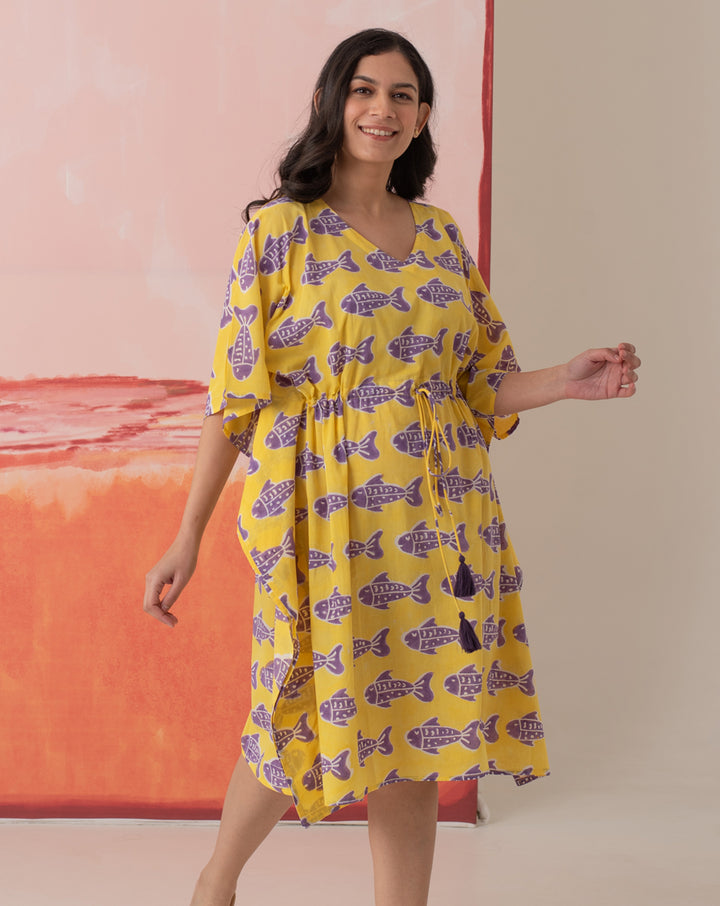 O'Fish Hand Block Printed Cotton Midi Kaftan