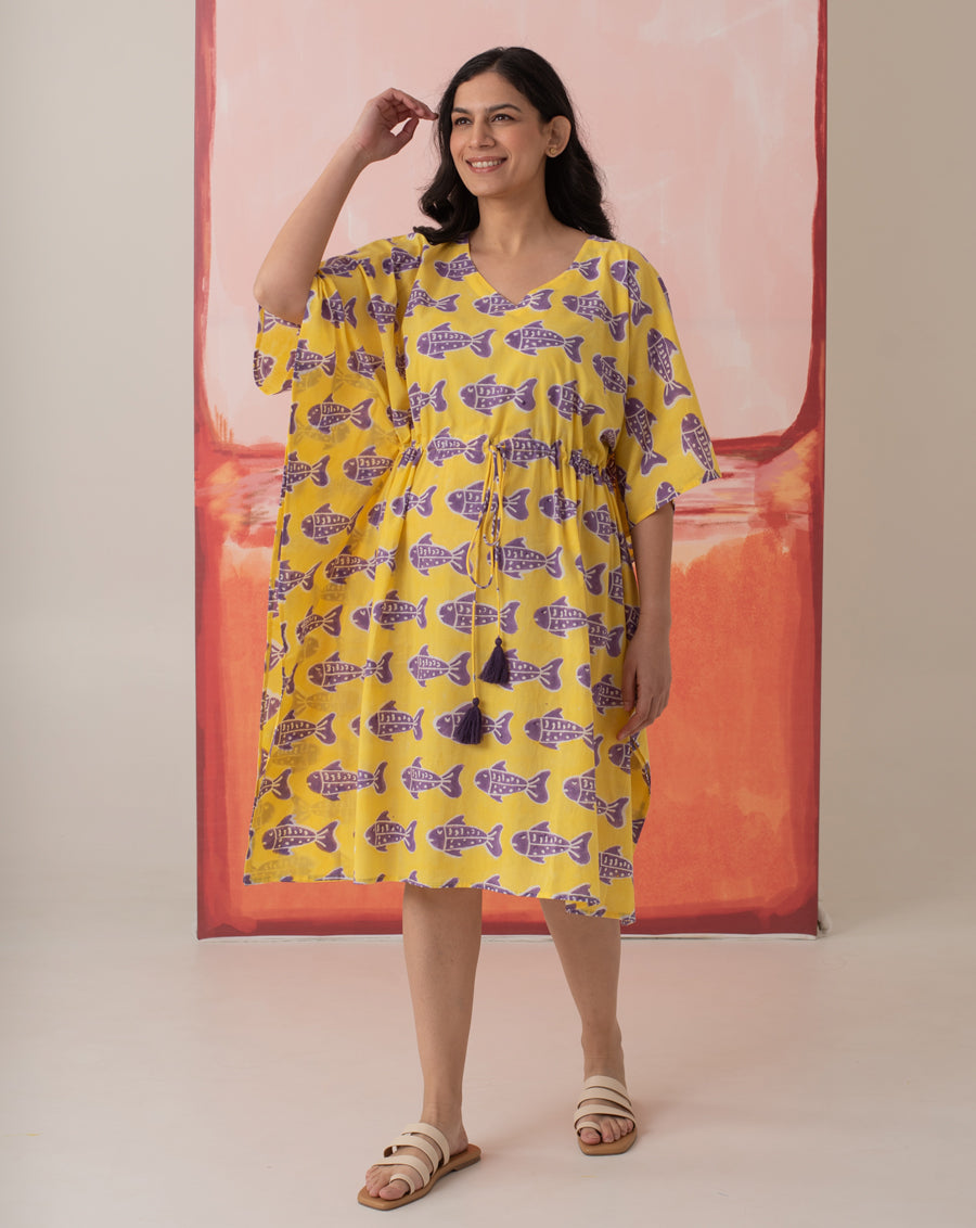 O'Fish Hand Block Printed Cotton Midi Kaftan