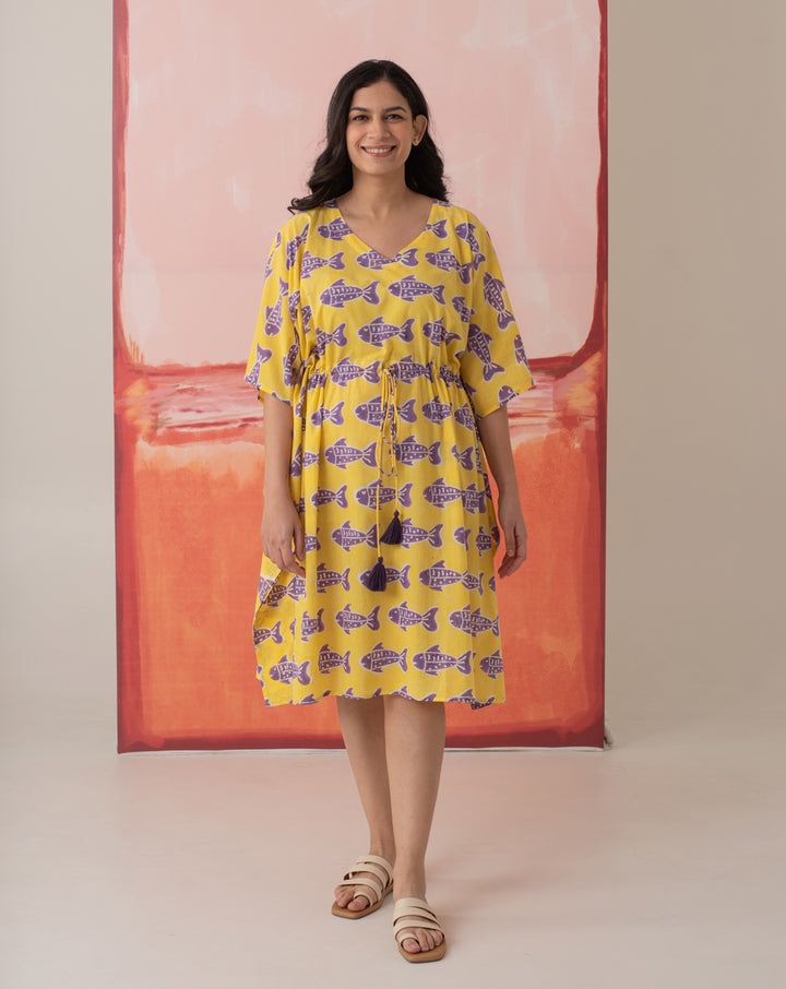 O'Fish Hand Block Printed Cotton Midi Kaftan