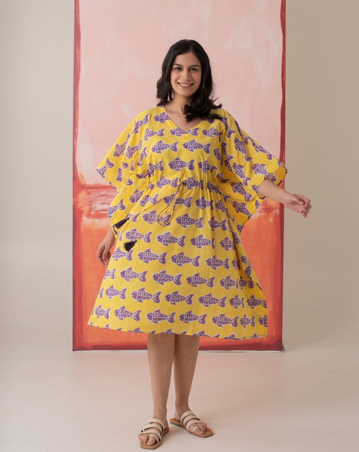 O'Fish Hand Block Printed Cotton Midi Kaftan
