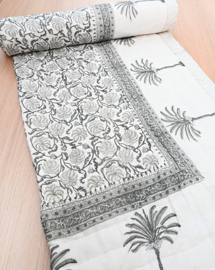 Palm Tree Hand Block Printed Double Cotton Quilt - Minor Defect