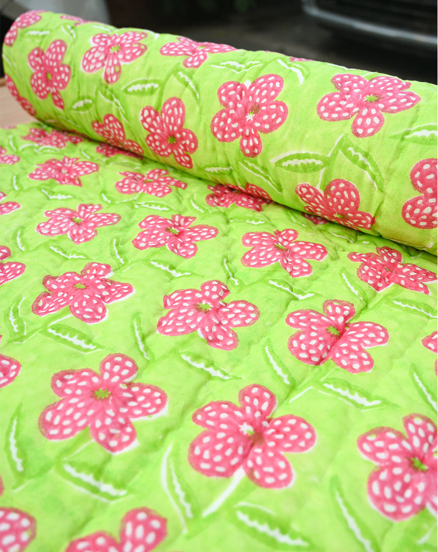 Poppy Mint Hand Block Printed Cotton Quilt