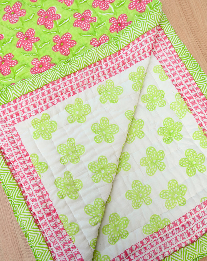 Poppy Mint Hand Block Printed Cotton Quilt