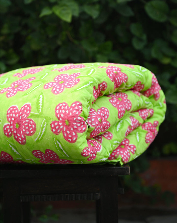 Poppy Mint Hand Block Printed Cotton Quilt