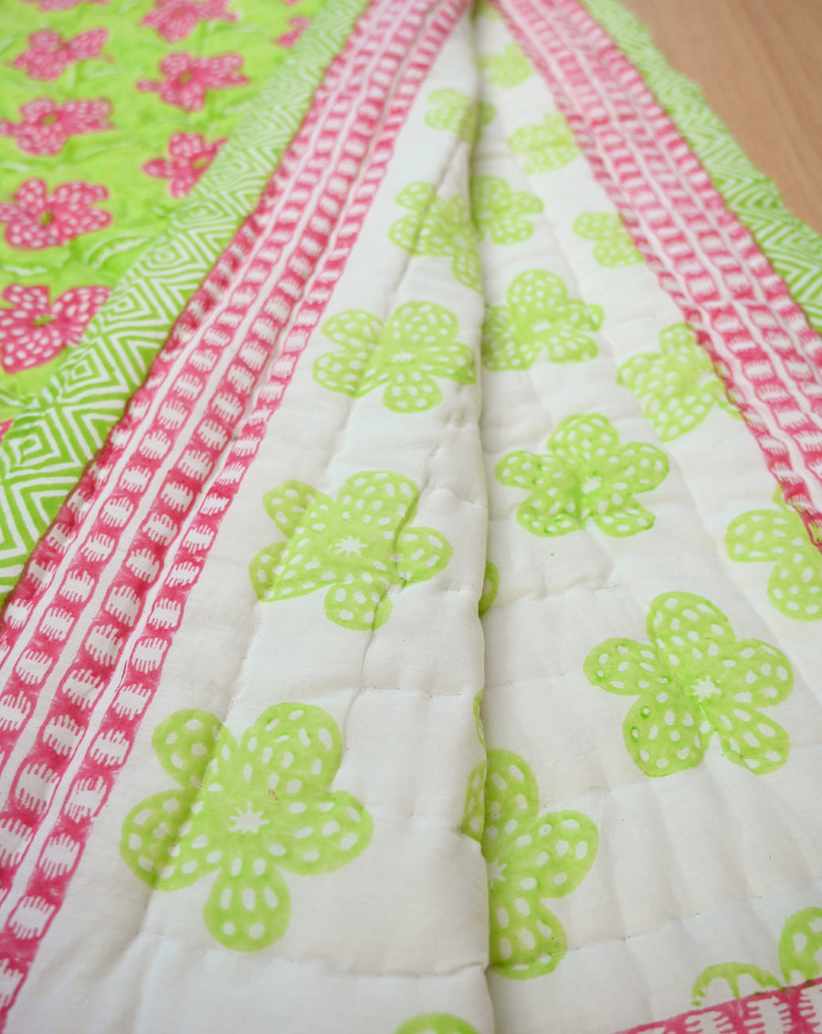 Poppy Mint Hand Block Printed Cotton Quilt