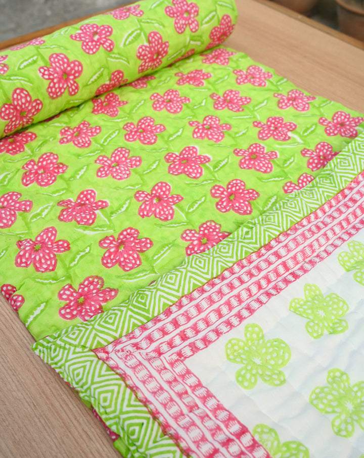 Poppy Mint Hand Block Printed Cotton Quilt