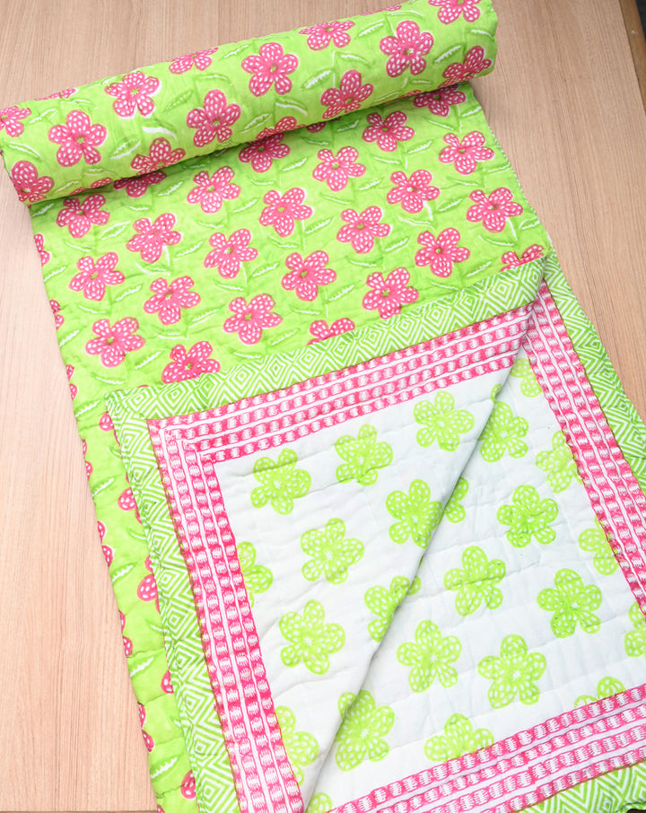 Poppy Mint Hand Block Printed Cotton Quilt