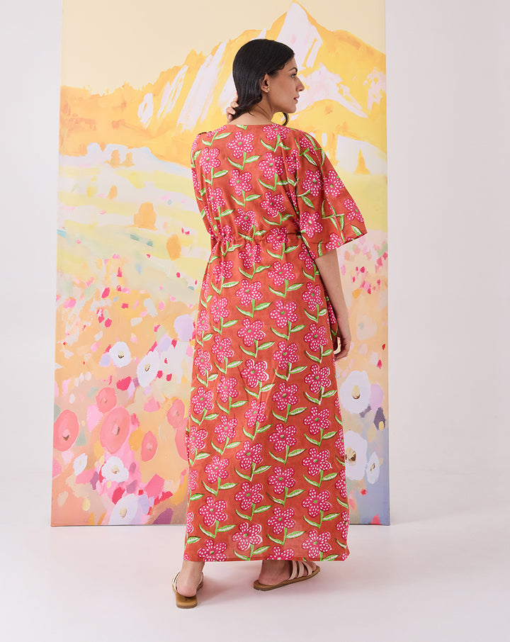 Poppy Blush Hand Block Printed Cotton Kaftan - Full Length