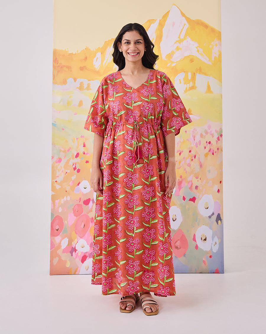 Poppy Blush Hand Block Printed Cotton Kaftan - Full Length
