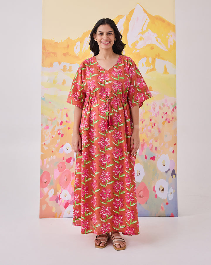 Poppy Blush Hand Block Printed Cotton Kaftan - Full Length