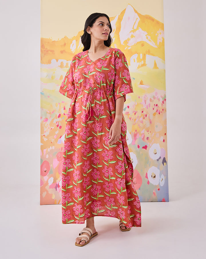 Poppy Blush Hand Block Printed Cotton Kaftan - Full Length