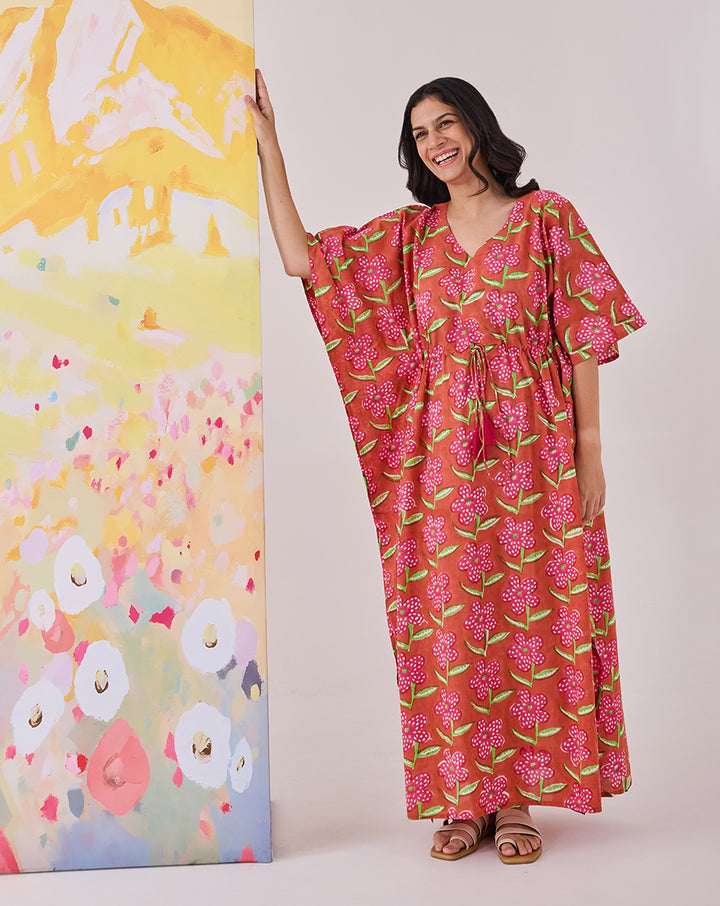 Poppy Blush Hand Block Printed Cotton Kaftan - Full Length