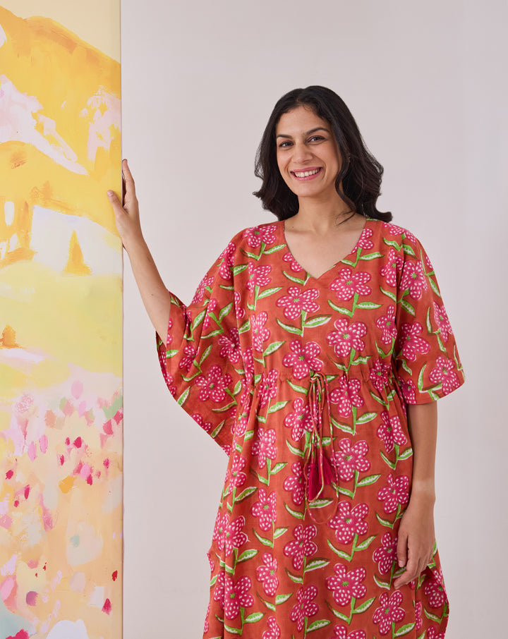 Poppy Blush Hand Block Printed Cotton Kaftan - Full Length