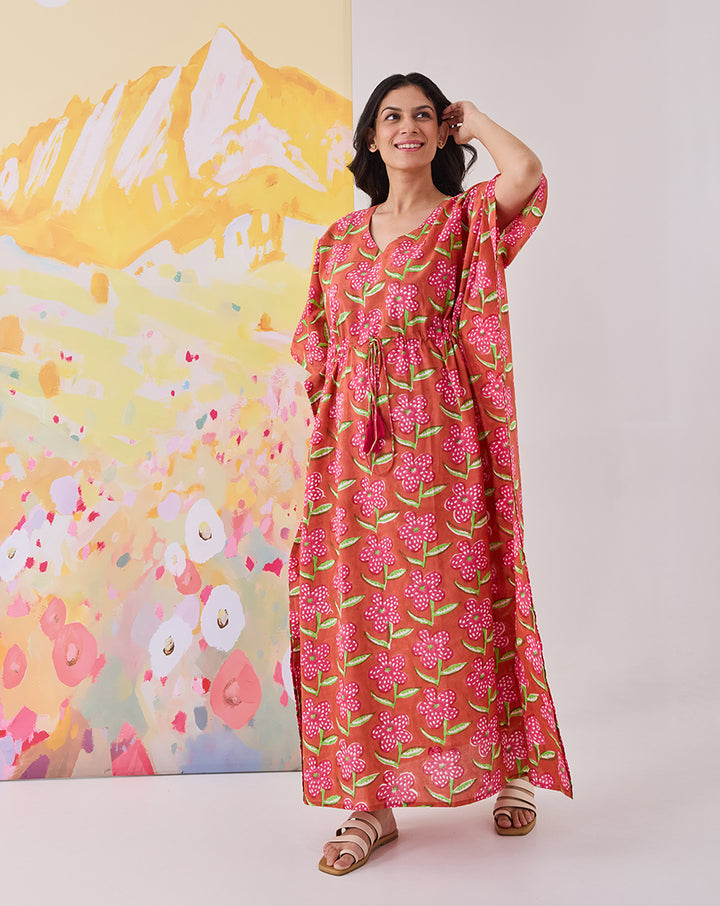 Poppy Blush Hand Block Printed Cotton Kaftan - Full Length