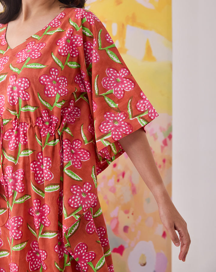 Poppy Blush Hand Block Printed Cotton Kaftan - Full Length