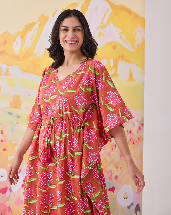 Poppy Blush Hand Block Printed Cotton Kaftan - Full Length