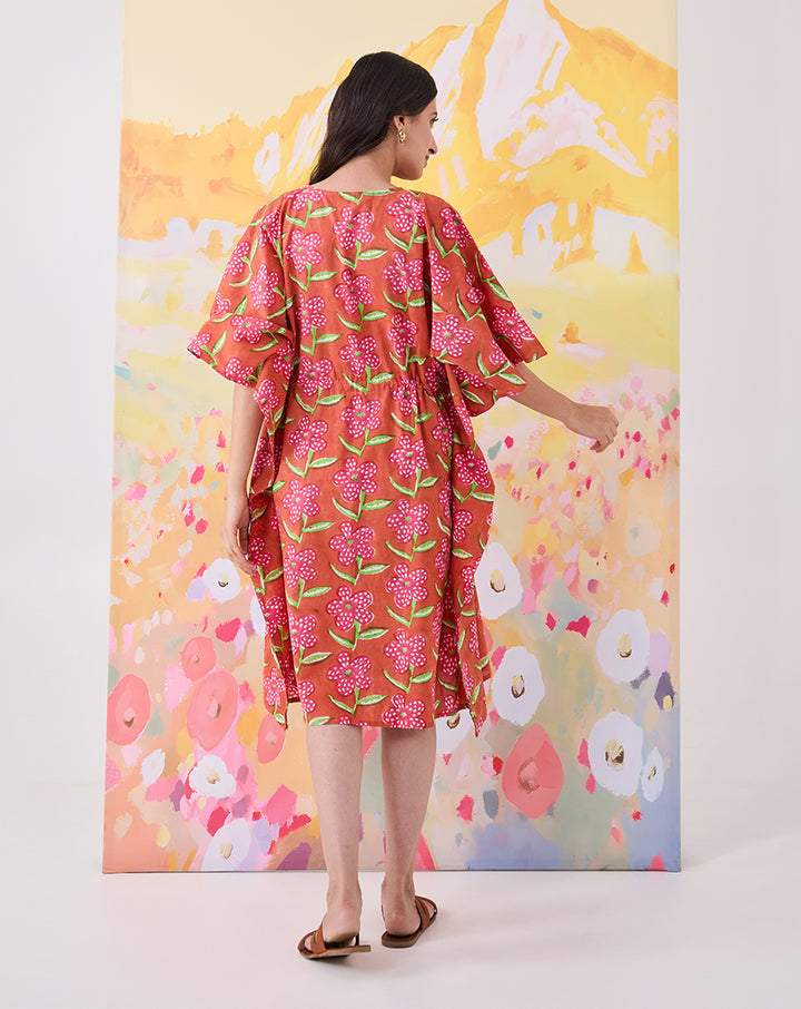 Poppy Blush Hand Block Printed Cotton Midi Kaftan