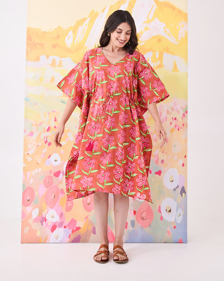 Poppy Blush Hand Block Printed Cotton Midi Kaftan
