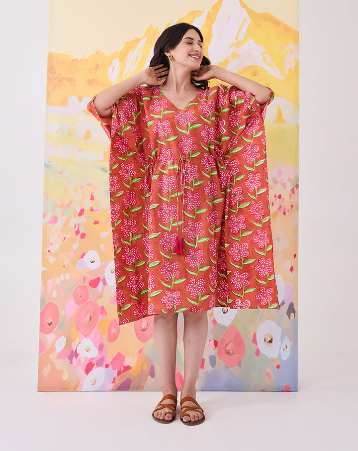 Poppy Blush Hand Block Printed Cotton Midi Kaftan