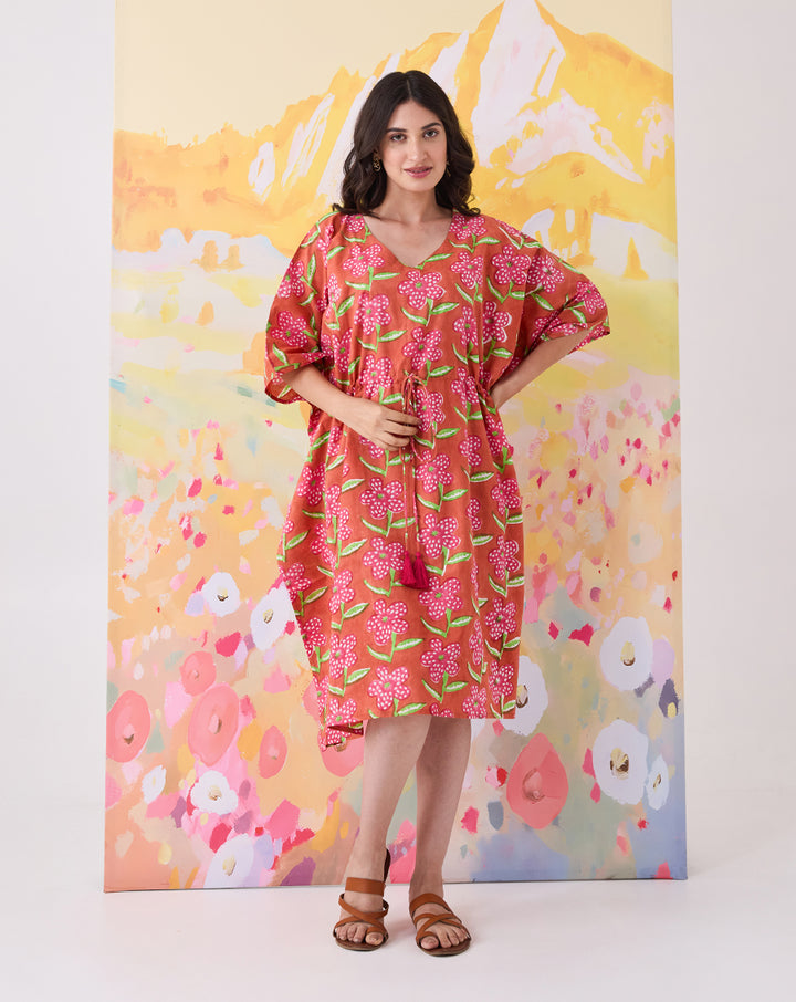 Poppy Blush Hand Block Printed Cotton Midi Kaftan