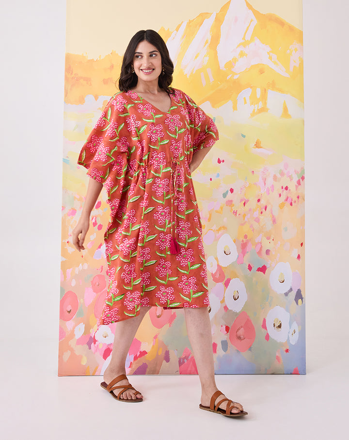 Poppy Blush Hand Block Printed Cotton Midi Kaftan