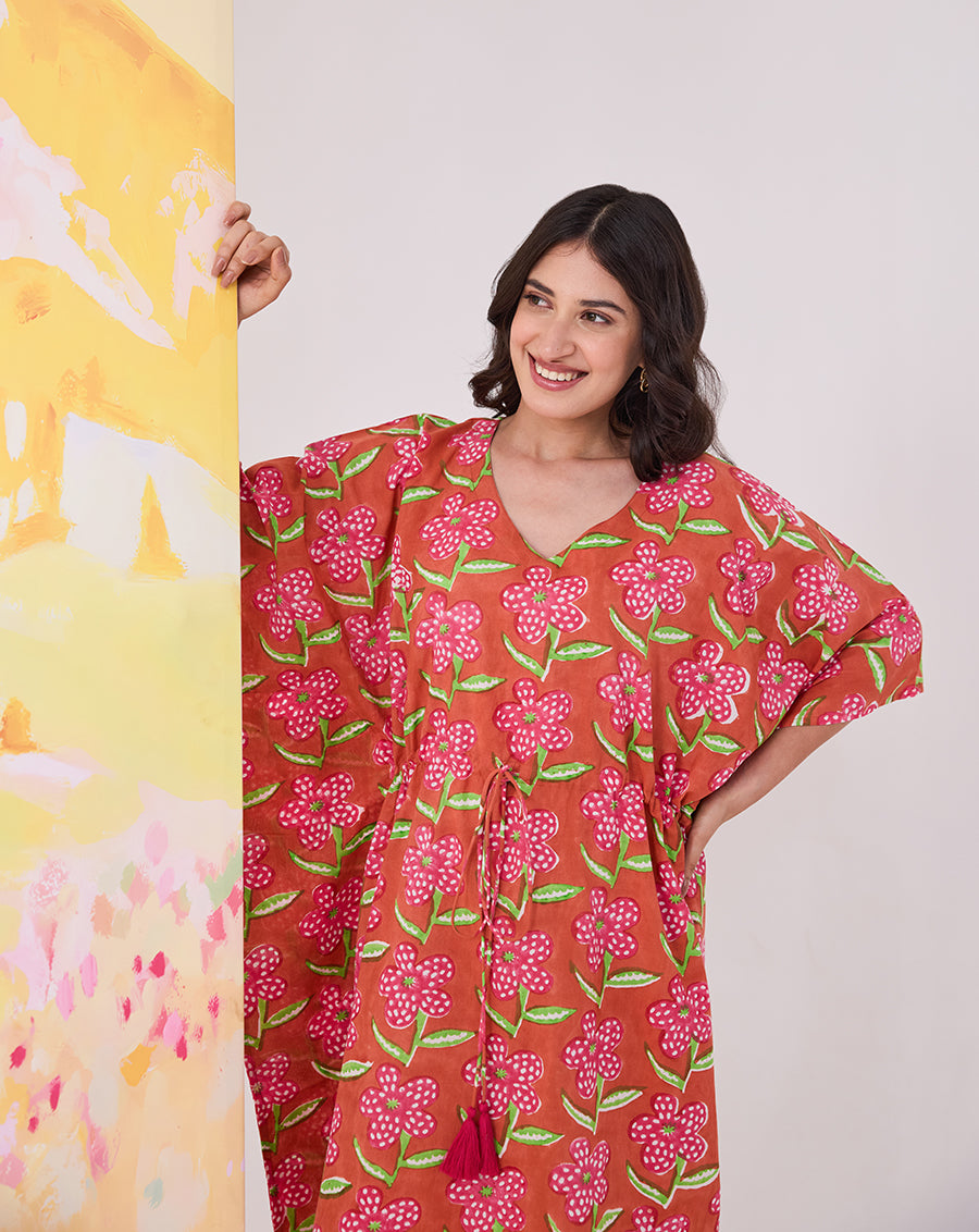 Poppy Blush Hand Block Printed Cotton Midi Kaftan