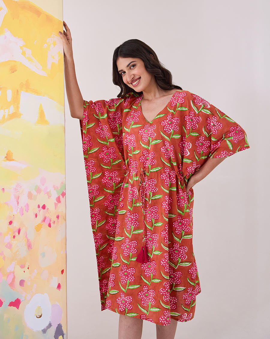 Poppy Blush Hand Block Printed Cotton Midi Kaftan