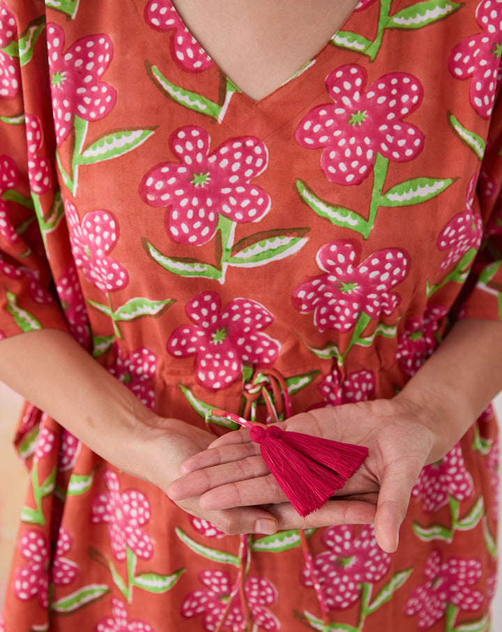 Poppy Blush Hand Block Printed Cotton Midi Kaftan