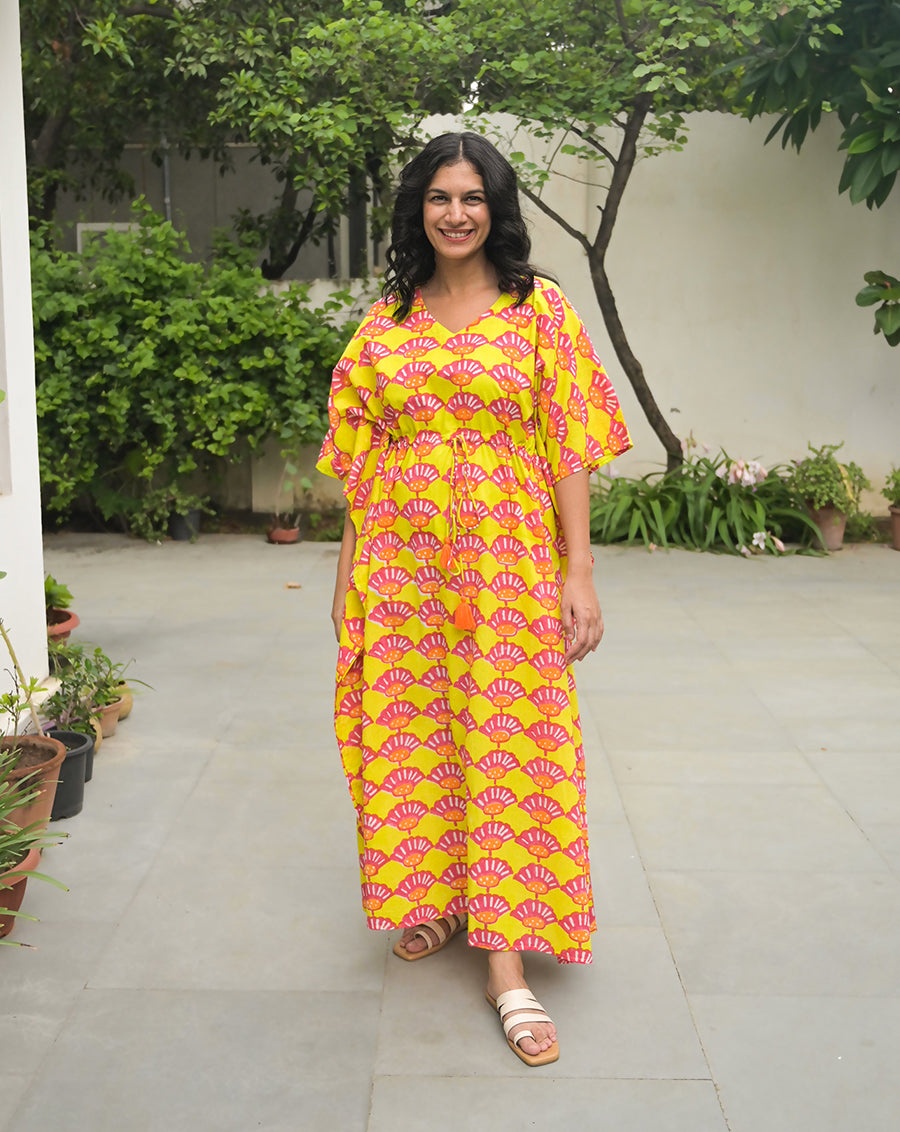 Seashells Hand Block Printed Cotton Kaftan - Full Length