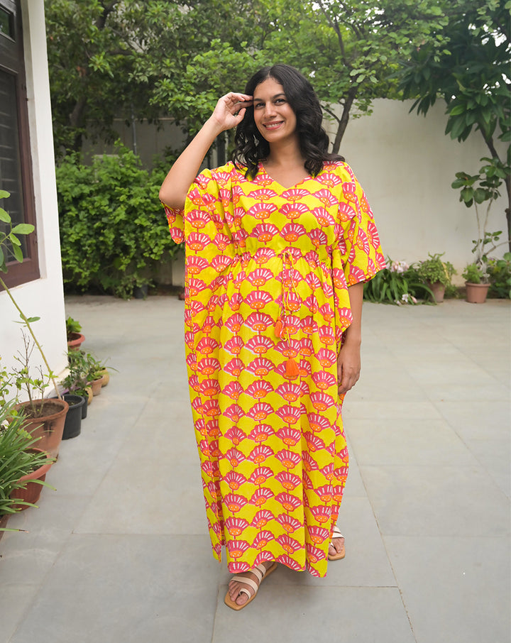 Seashells Hand Block Printed Cotton Kaftan - Full Length