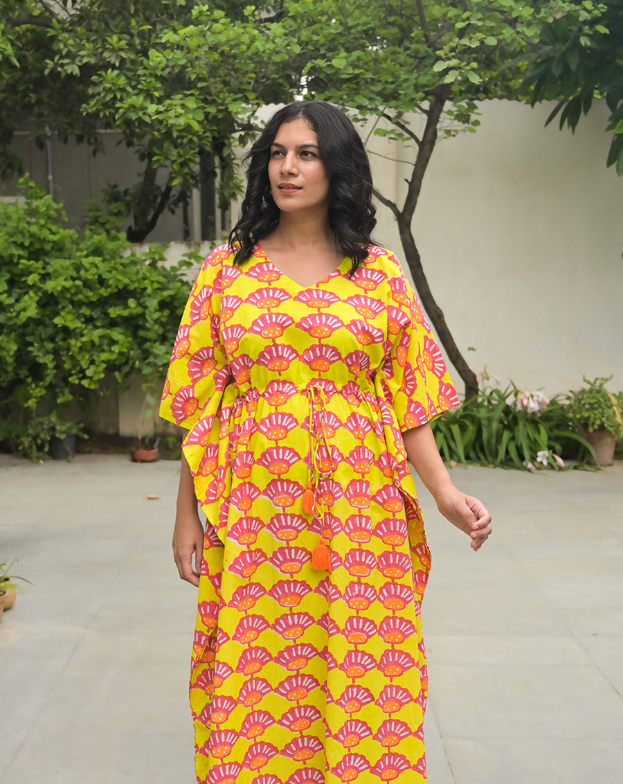 Seashells Hand Block Printed Cotton Kaftan - Full Length