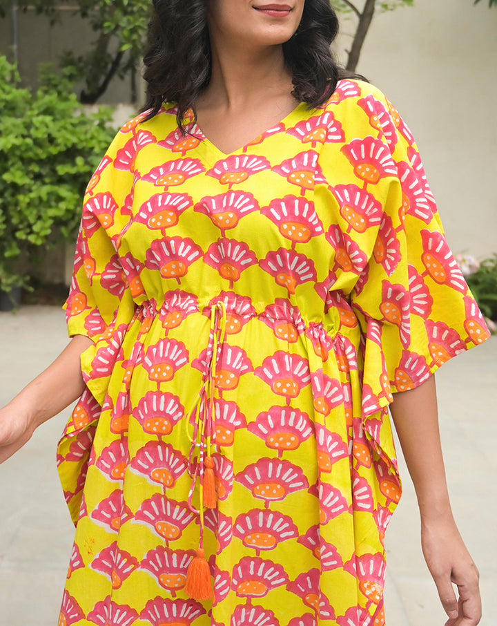 Seashells Hand Block Printed Cotton Kaftan - Full Length