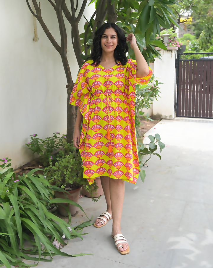 Seashells Hand Block Printed Cotton Midi Kaftan