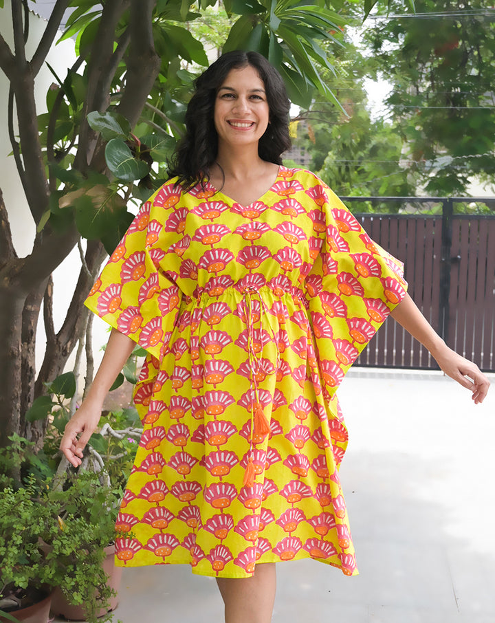 Seashells Hand Block Printed Cotton Midi Kaftan