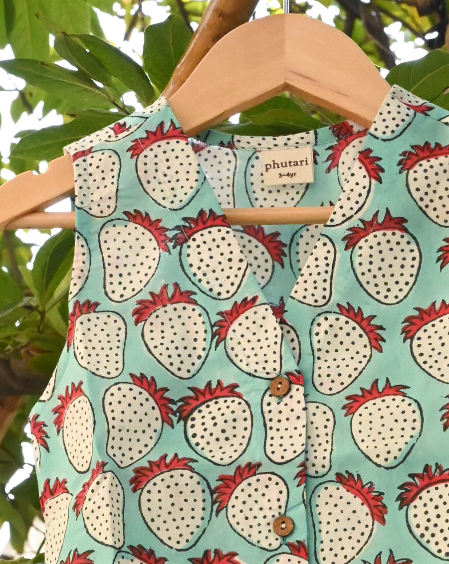 Mint Strawberry Cotton Dress for Girls