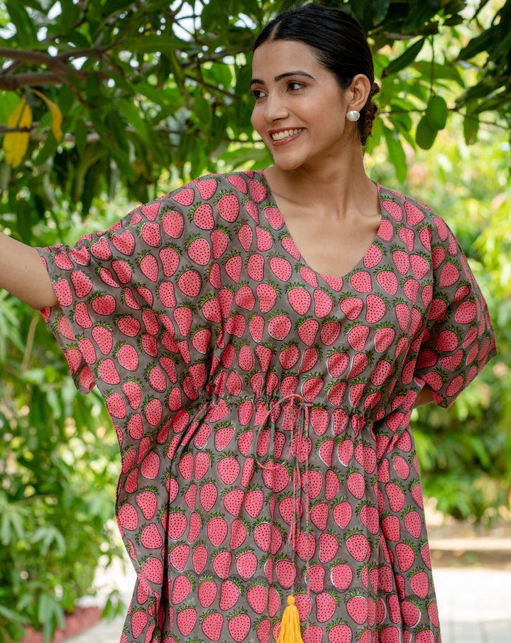 Strawberry Hand Block Printed Cotton Kaftan - Full Length