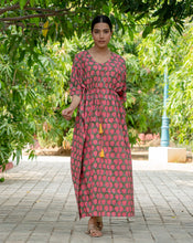 Load image into Gallery viewer, Strawberry Hand Block Printed Cotton Kaftan - Full Length-Minor Defect-FK42
