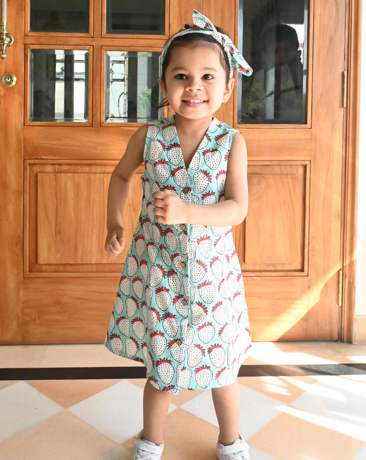 Mint Strawberry Cotton Dress for Girls