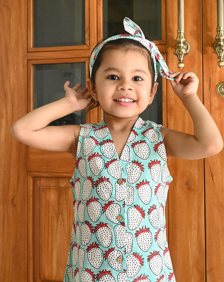 Mint Strawberry Cotton Dress for Girls