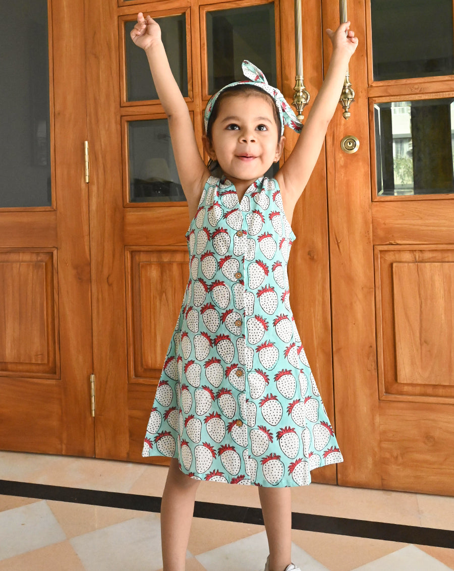 Mint Strawberry Cotton Dress for Girls