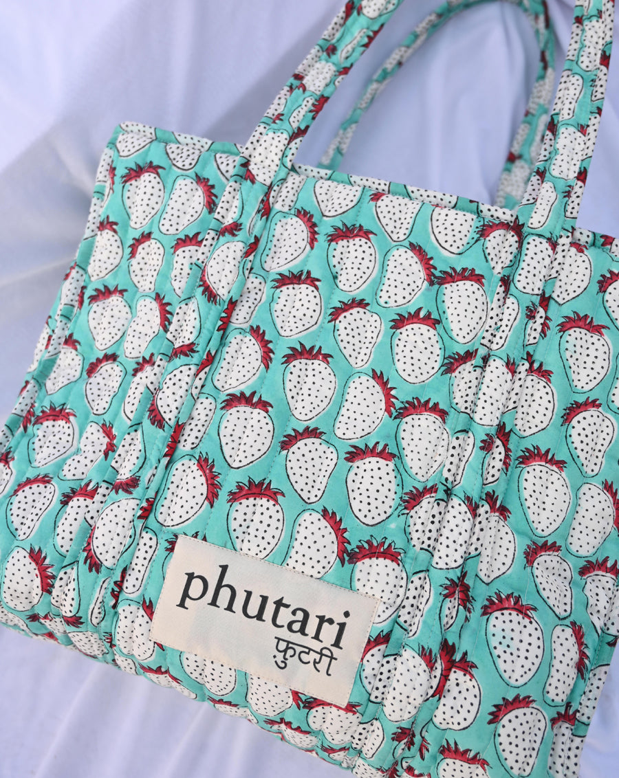 Mint Strawberry Quilted Tote Bag with a Pouch