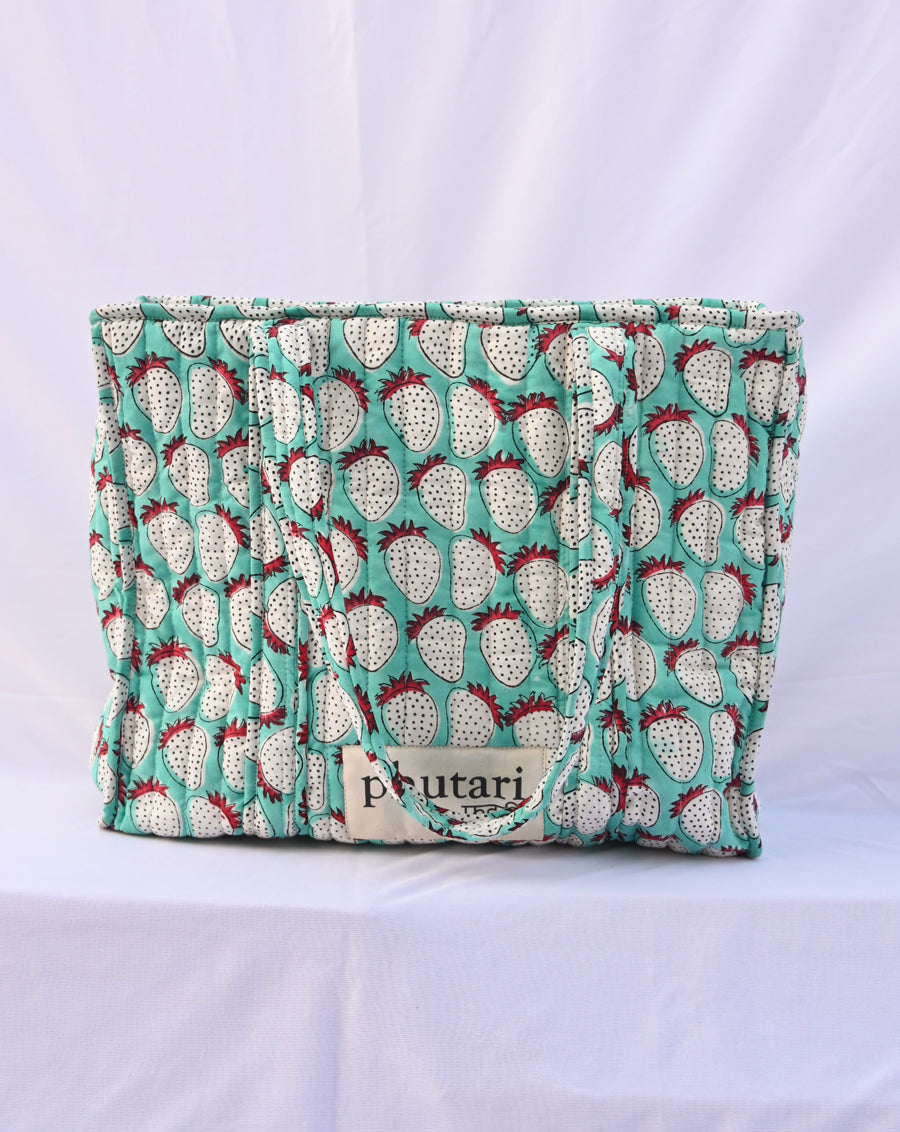 Mint Strawberry Quilted Tote Bag with a Pouch