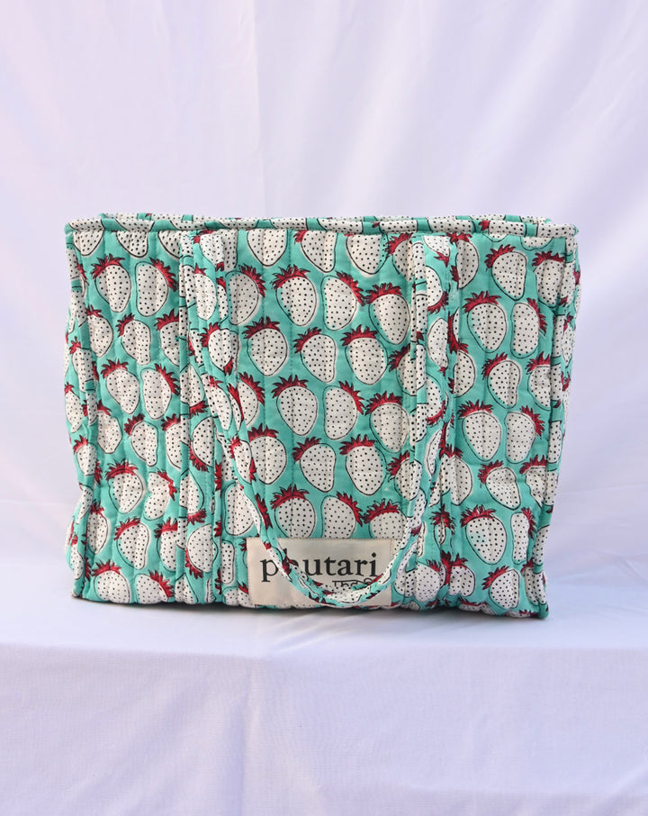 Mint Strawberry Quilted Tote Bag with a Pouch
