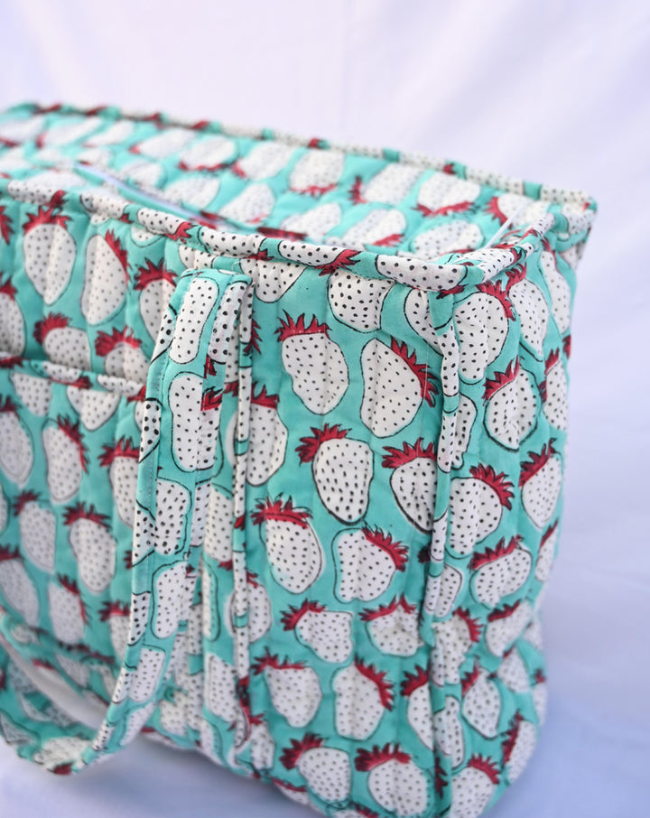 Mint Strawberry Quilted Tote Bag with a Pouch