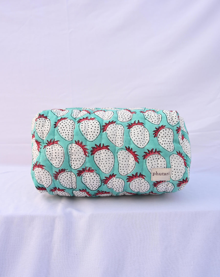 Mint Strawberry Quilted Tote Bag with a Pouch