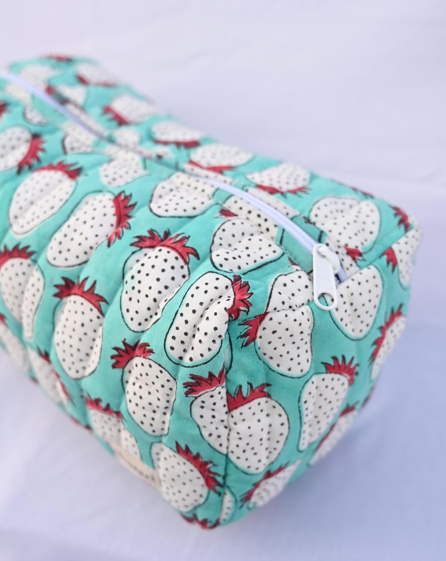 Mint Strawberry Quilted Tote Bag with a Pouch