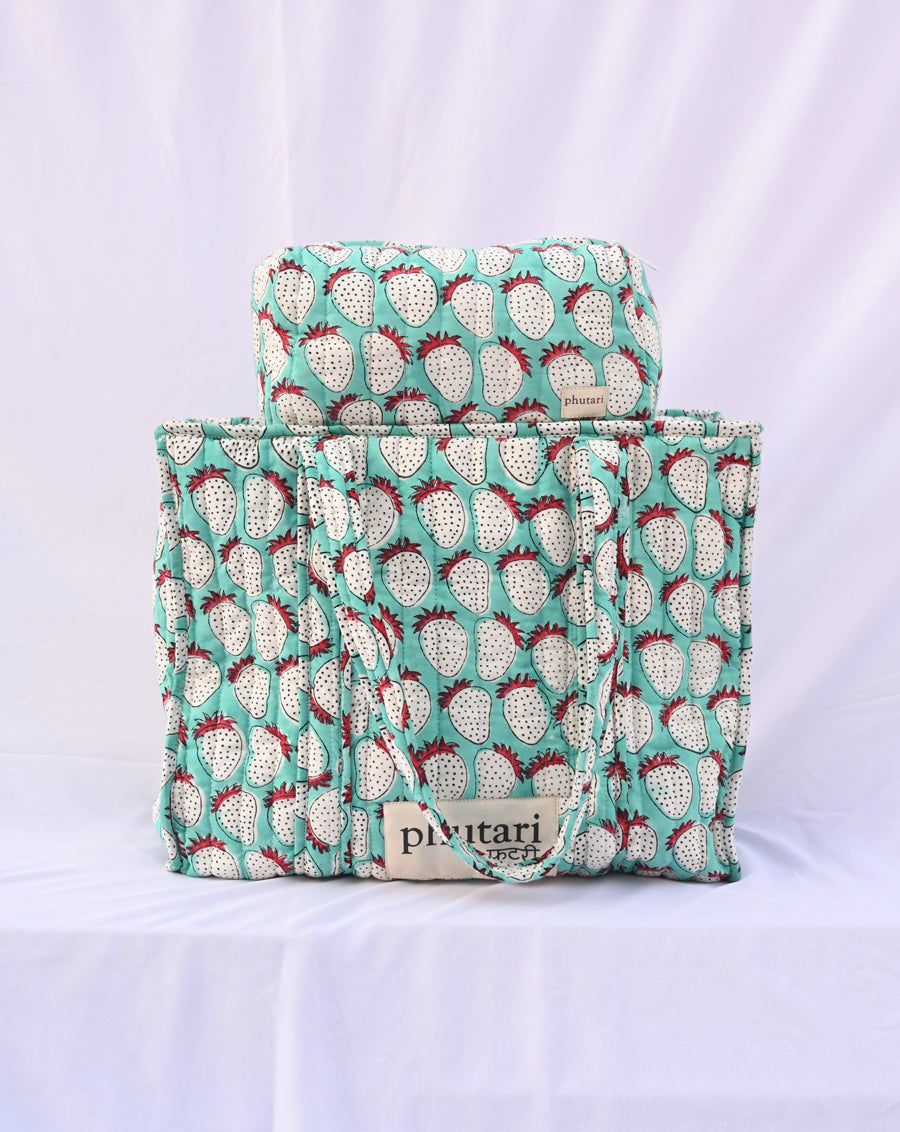 Mint Strawberry Quilted Tote Bag with a Pouch