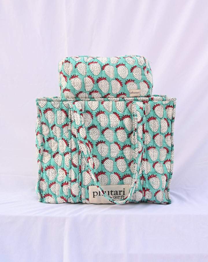 Mint Strawberry Quilted Tote Bag with a Pouch
